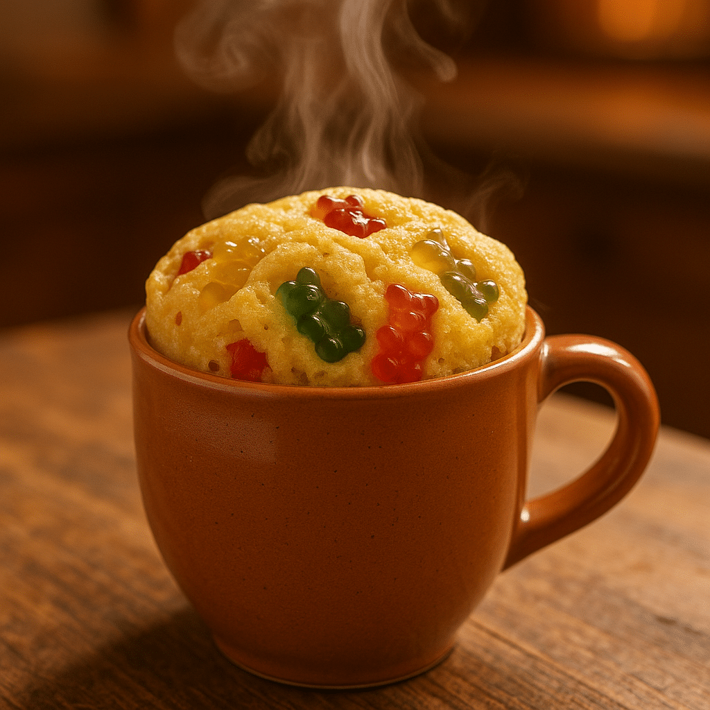 Haribo mug cake with colorful gummy bears in ceramic mug