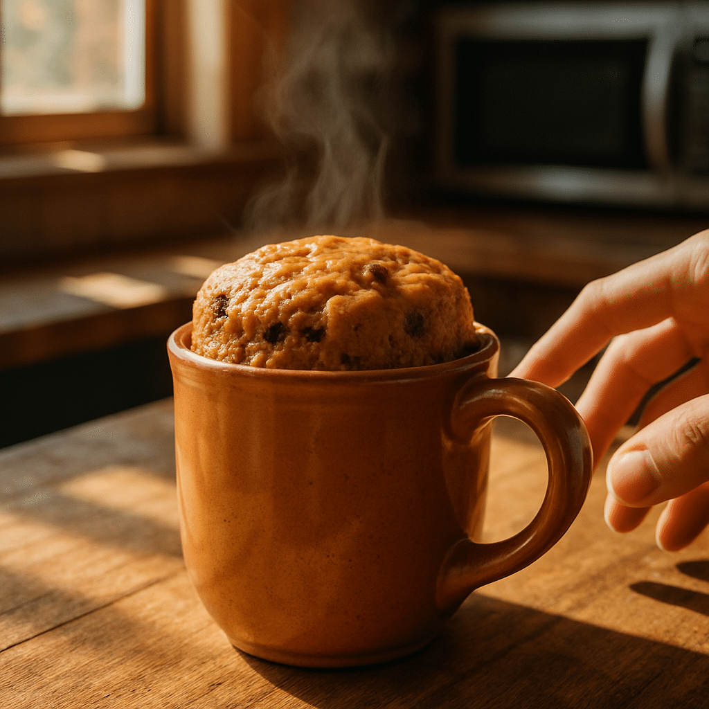 High-protein peanut butter mug cake finished with steam in terracotta ceramic mug