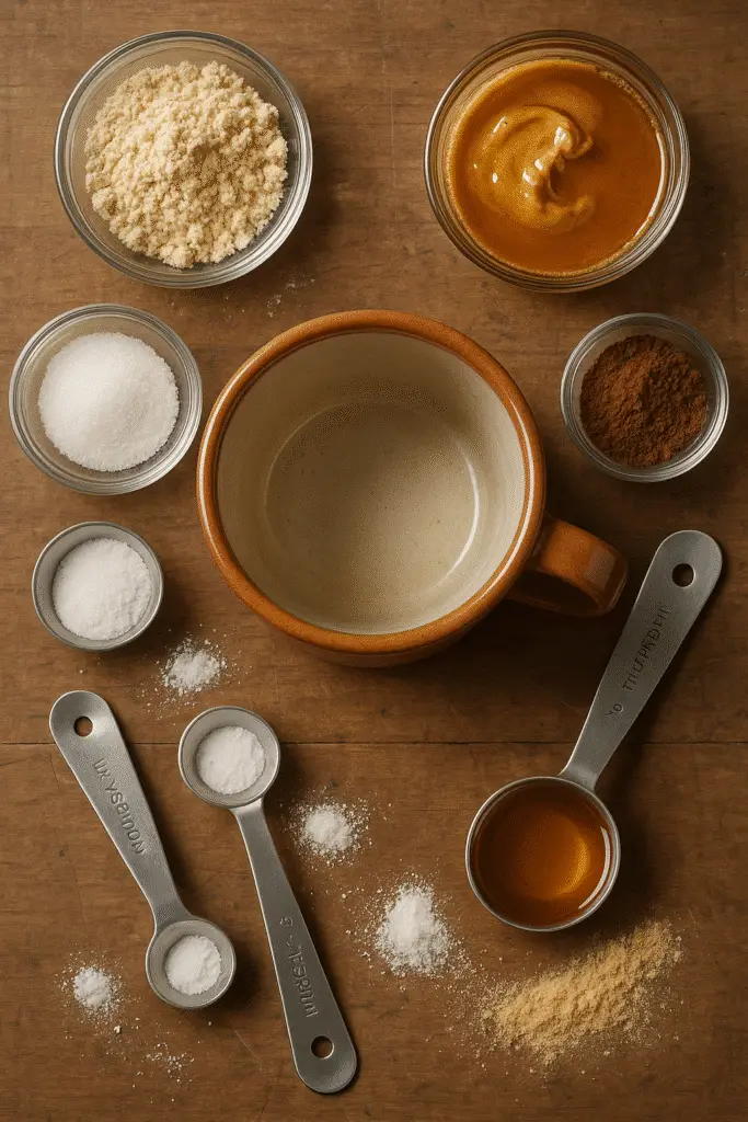 High-protein peanut butter mug cake ingredients layout with protein powder and measuring tools
