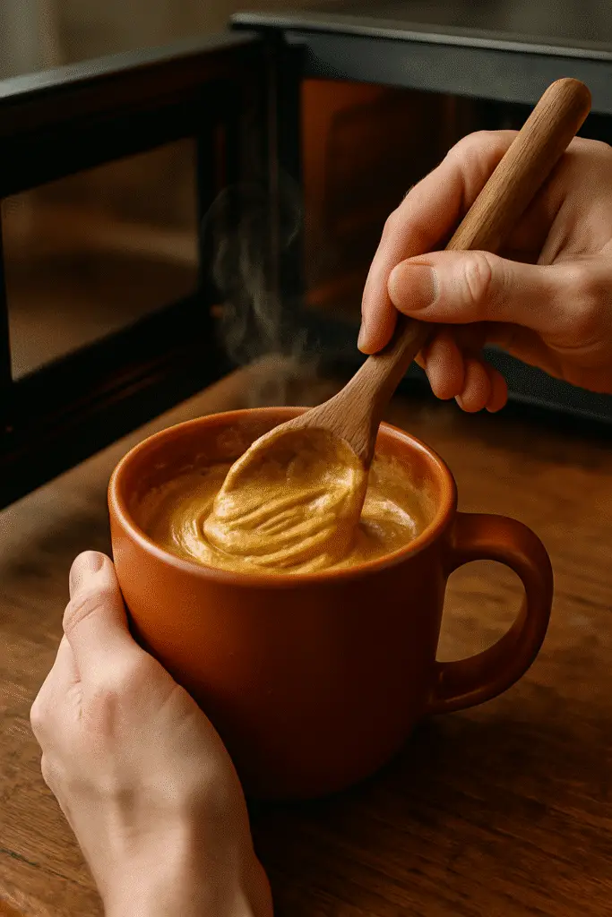 High-protein peanut butter mug cake batter mixing process in ceramic mug with wooden spoon