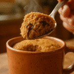 High-protein peanut butter mug cake first spoonful showing moist texture and chocolate chips