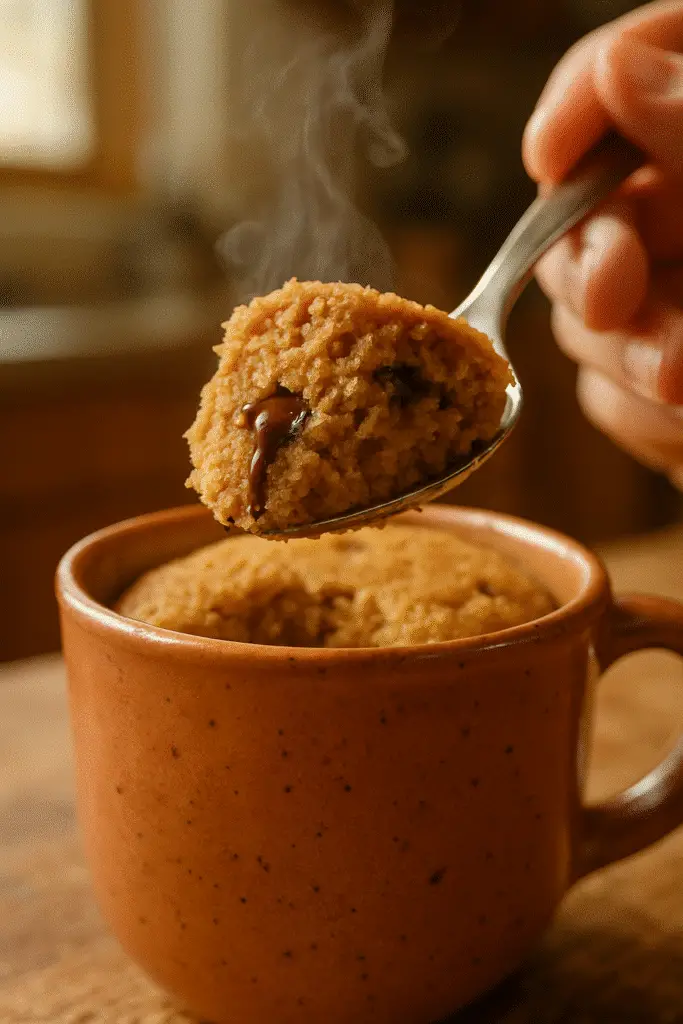 High-protein peanut butter mug cake first spoonful showing moist texture and chocolate chips