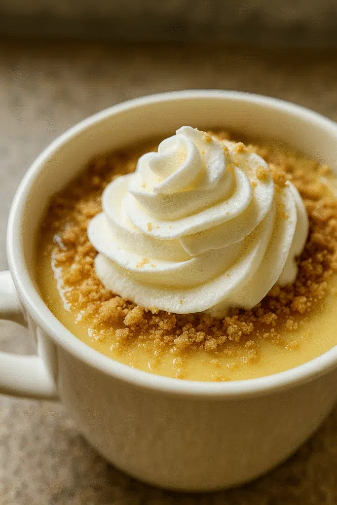 Pinterest pin for key lime pie in mug recipe - 5 minute microwave dessert from BusyCookLife