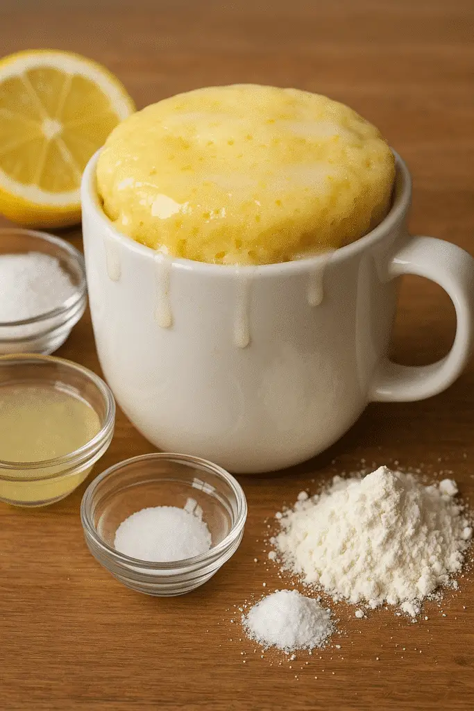 Vertical pinterest-ready lemon drizzle mug cake photo perfect for saving BusyCookLife microwave recipes