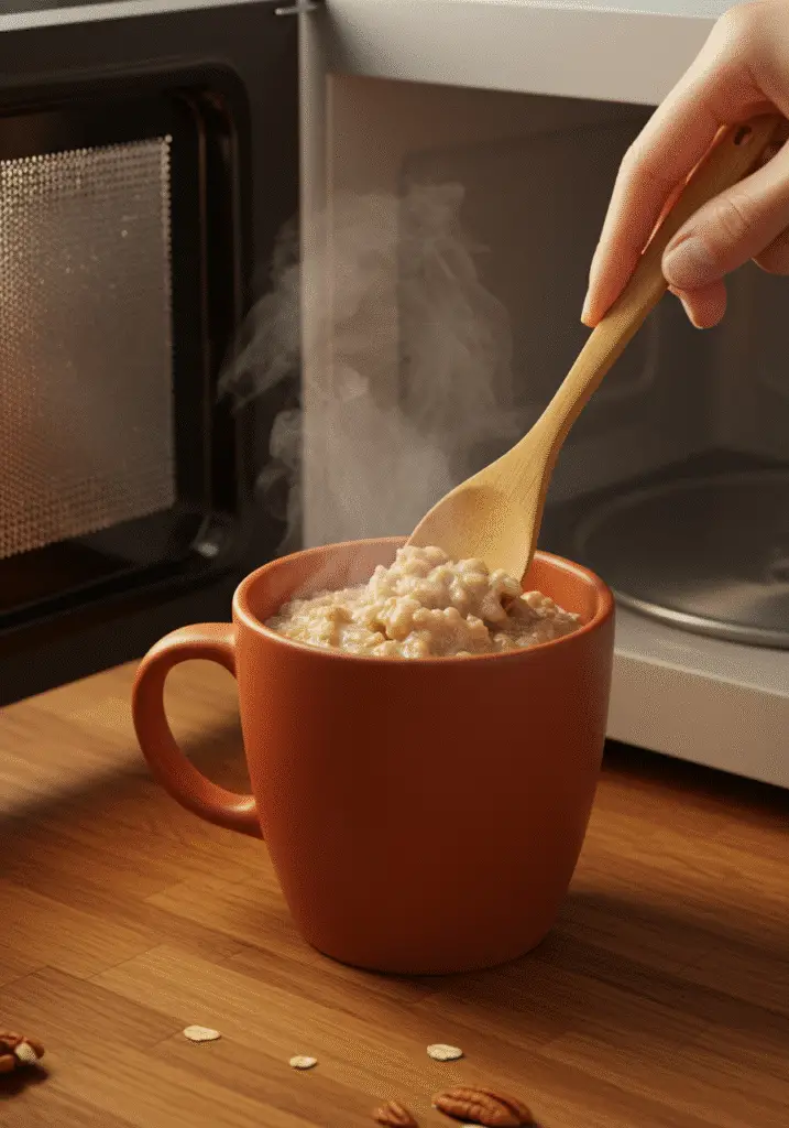 Maple pecan oatmeal mug cooking process steps in microwave