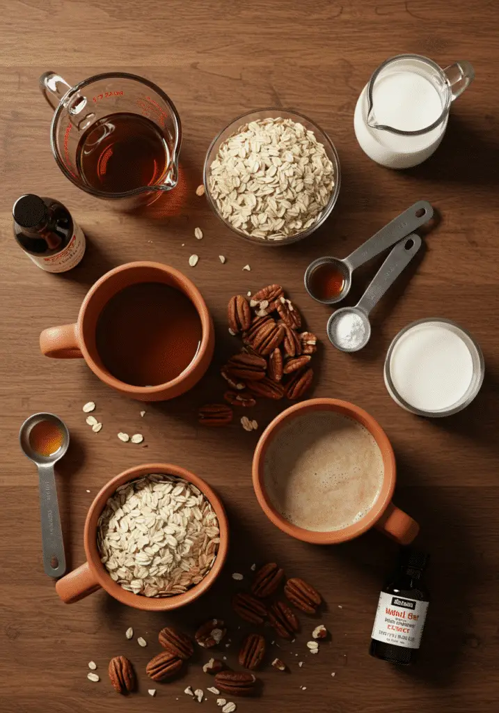 Maple pecan oatmeal mug ingredients laid out for cooking preparation