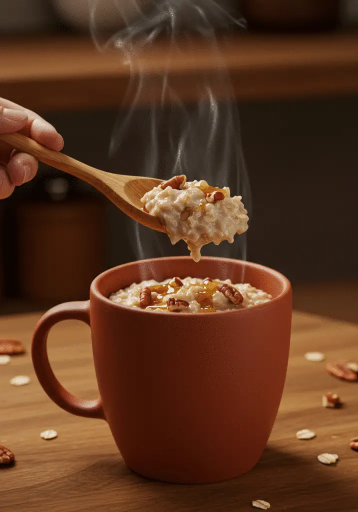 Maple pecan oatmeal mug being served with wooden spoon showing creamy texture
