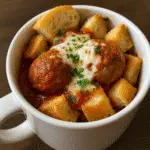 Meatball sub in a mug with melted mozzarella cheese and marinara sauce, tested recipe from BusyCookLife