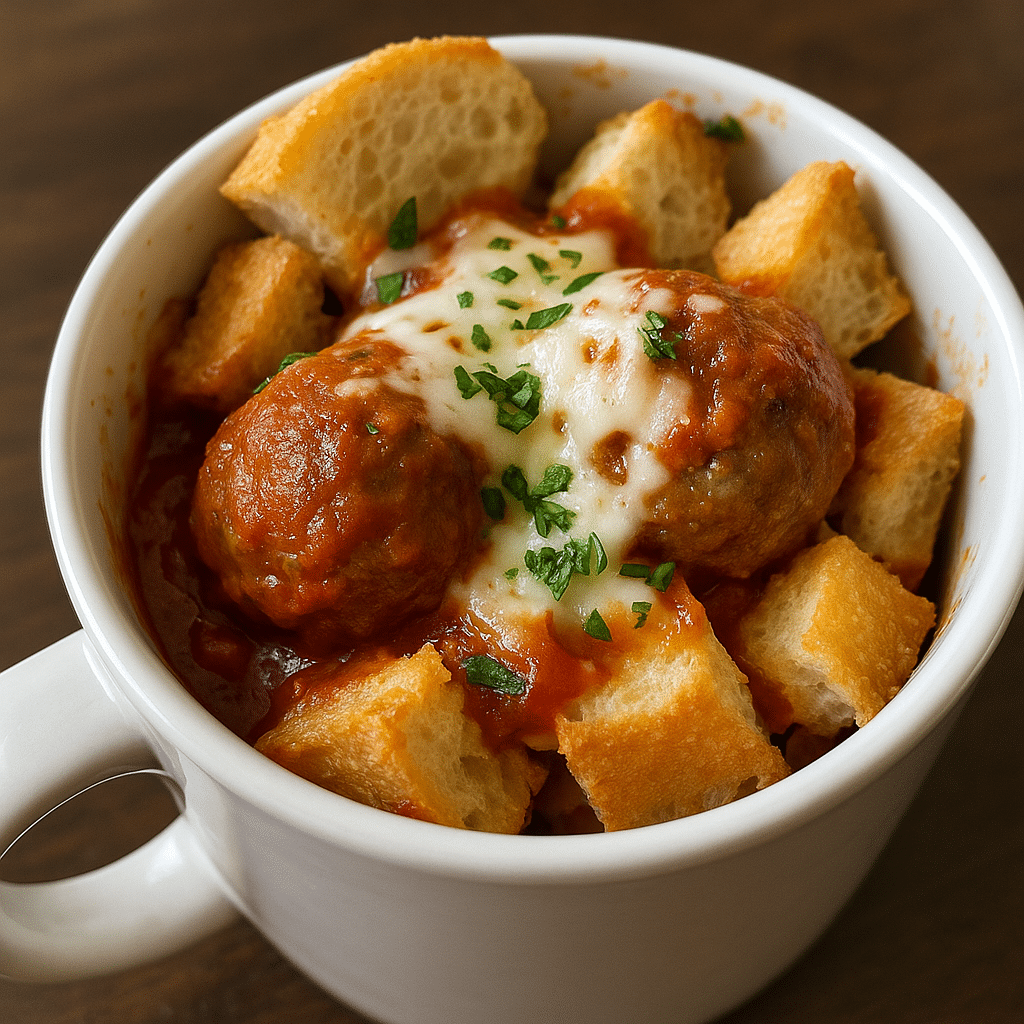Meatball sub in a mug with melted mozzarella cheese and marinara sauce, tested recipe from BusyCookLife