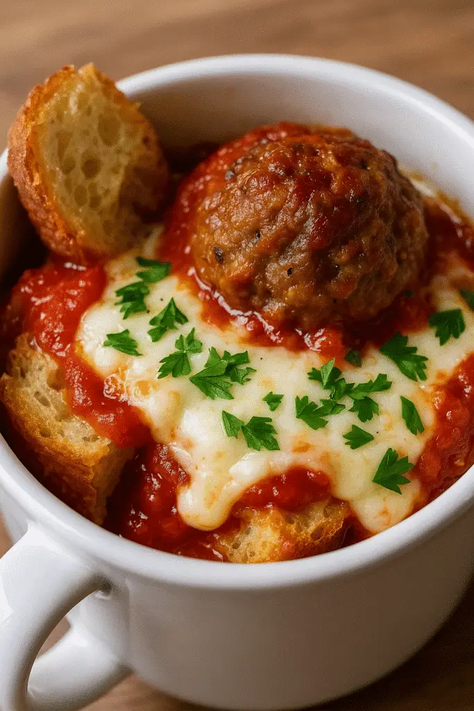 Easy meatball sub in a mug recipe vertical pin showing ingredients and final result from BusyCookLife kitchen