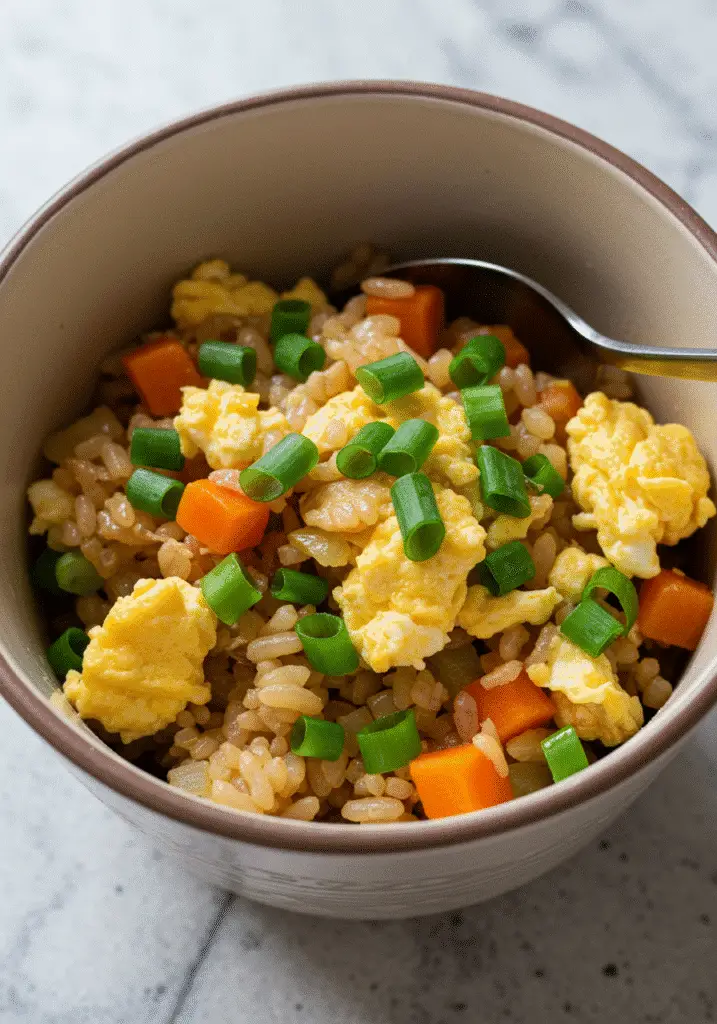 5-minute breakfast fried rice mug recipe overlay - quick microwave cooking method featured