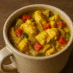 Microwave chicken curry in white ceramic mug with tender chicken and aromatic spices from BusyCookLife
