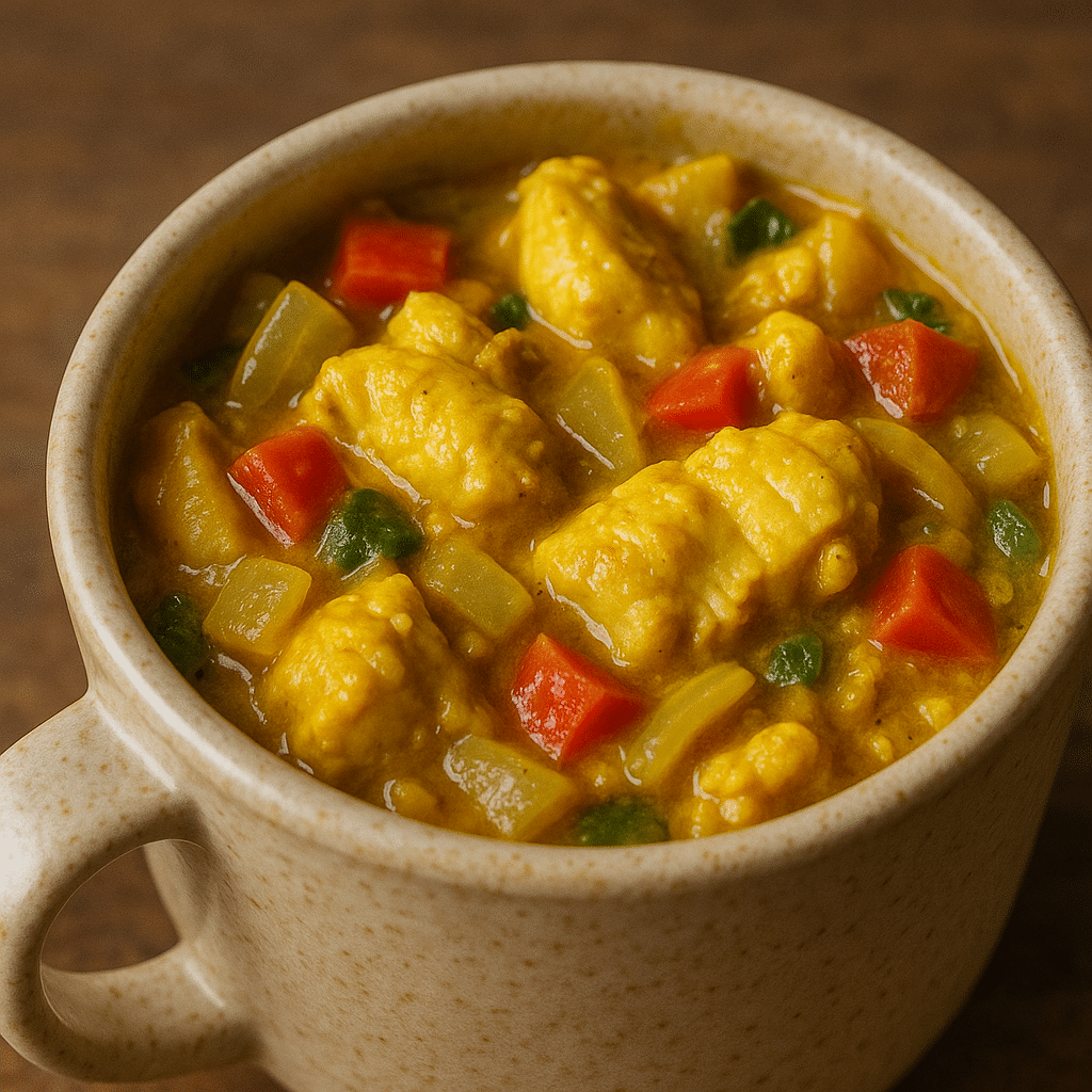 Microwave chicken curry in white ceramic mug with tender chicken and aromatic spices from BusyCookLife
