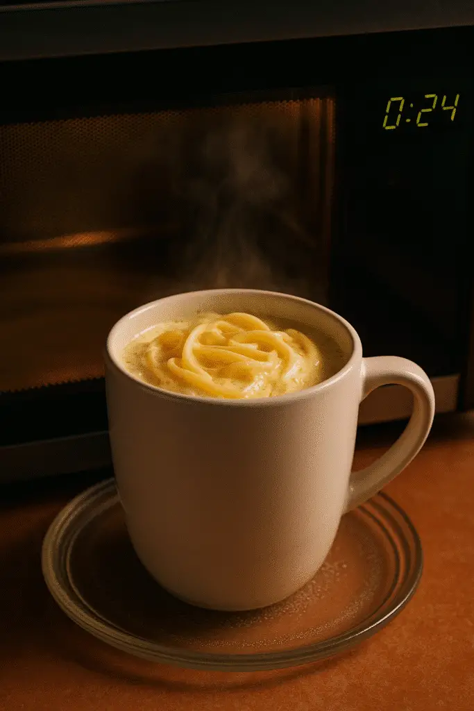Fettuccine alfredo in a mug cooking in microwave with steam visible