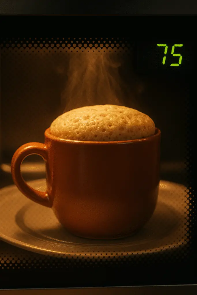 Protein pancake mug cooking in microwave at optimal time and temperature