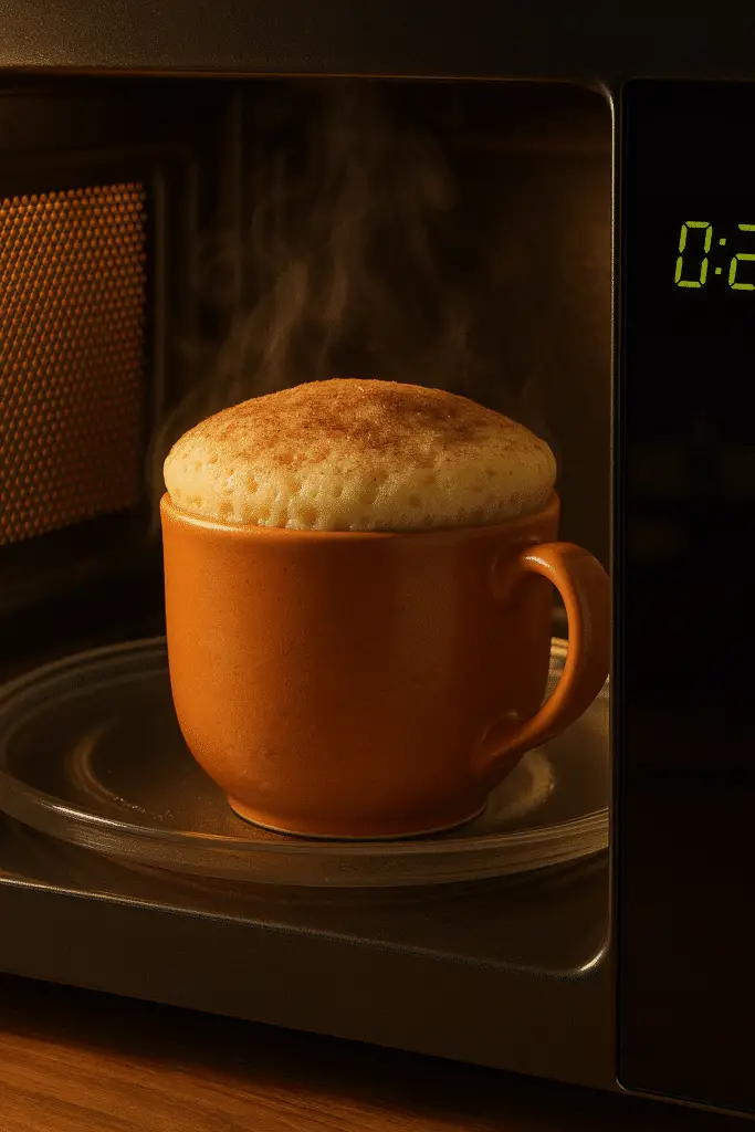 Tres leches mug cake with cinnamon sugar cooking in microwave