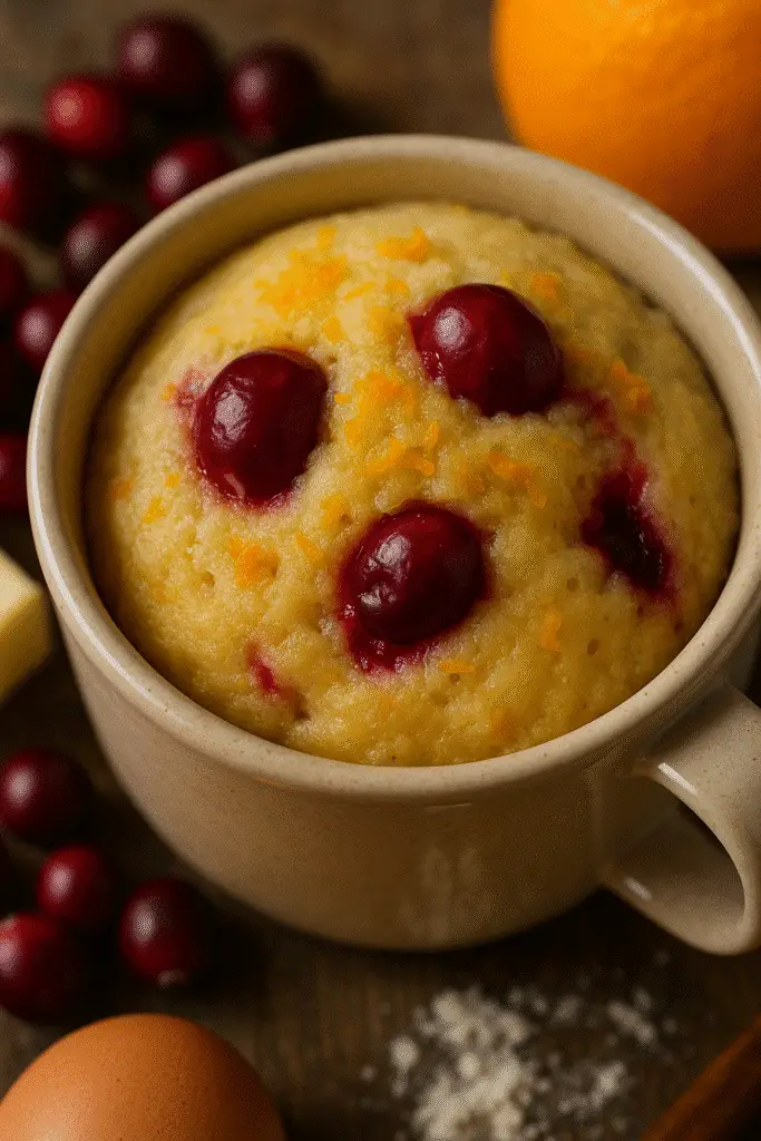 2-minute microwave cranberry orange mug muffin recipe overlay - BusyCookLife kitchen tested