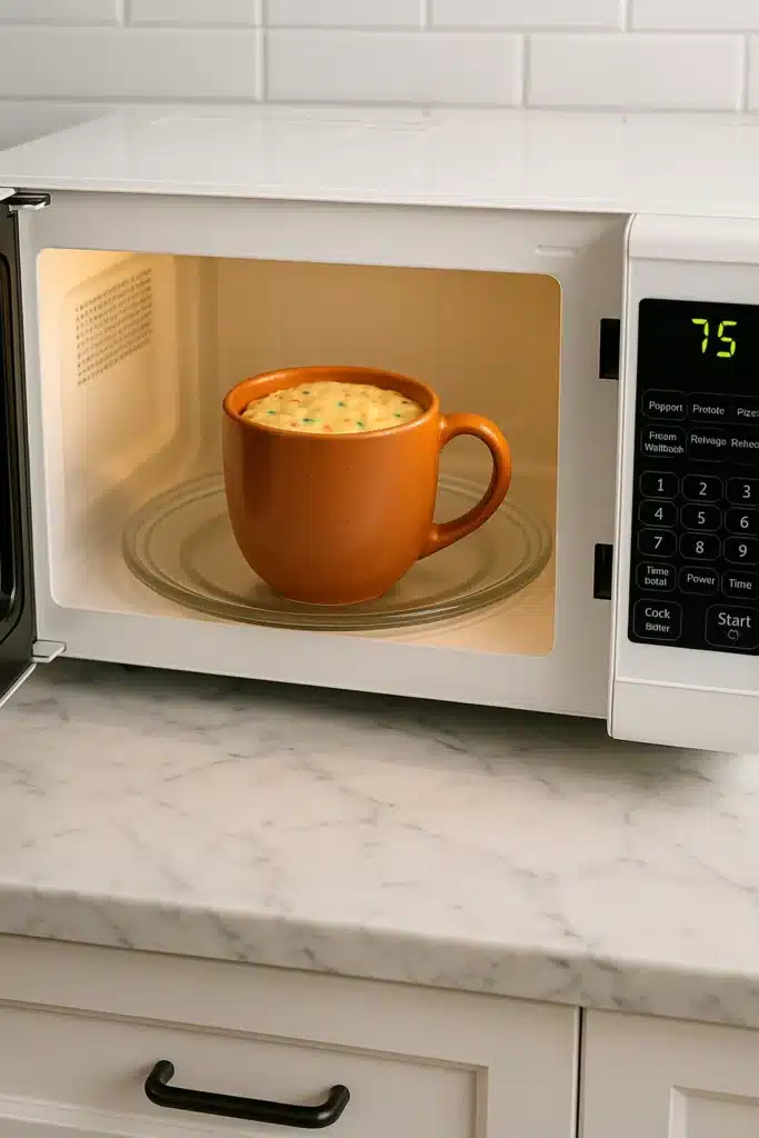 Funfetti mug muffin cooking in microwave for 75 seconds