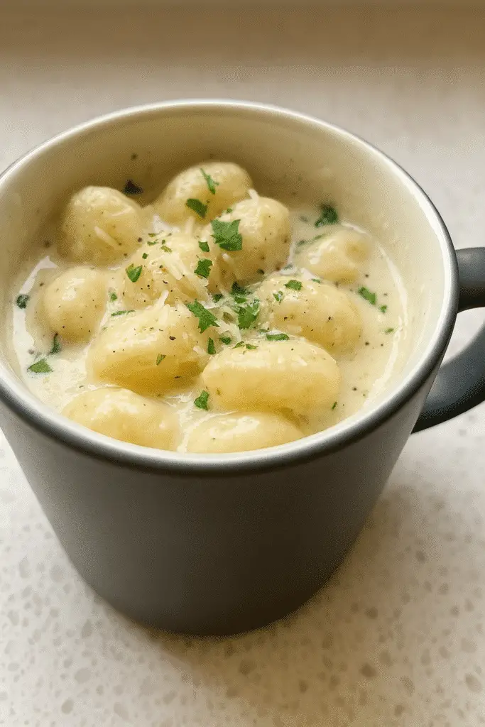 Microwave gnocchi alfredo recipe in ceramic mug with text overlay showing 5-minute cooking time