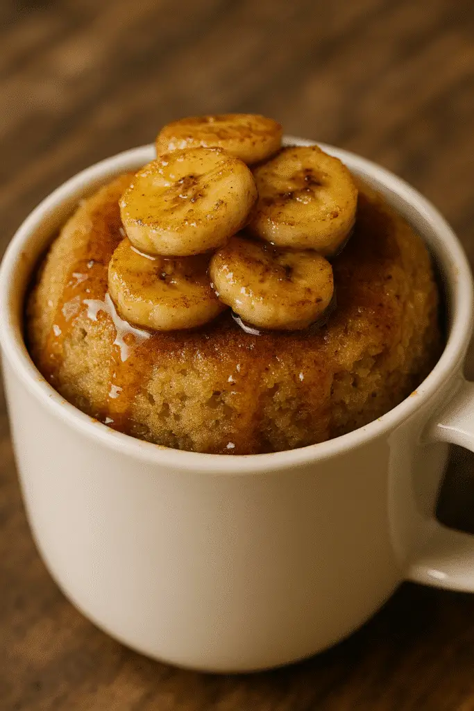 Quick Banana Foster Mug Cake recipe with microwave magic text overlay for busy cook inspiration