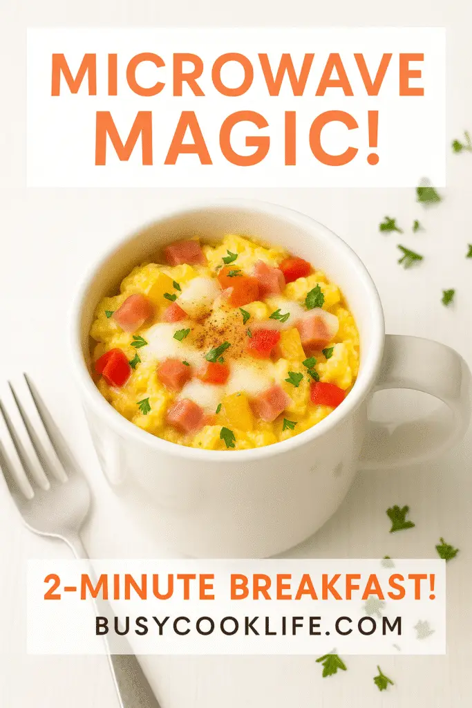 Microwave breakfast pizza mug recipe Pinterest pin from BusyCookLife