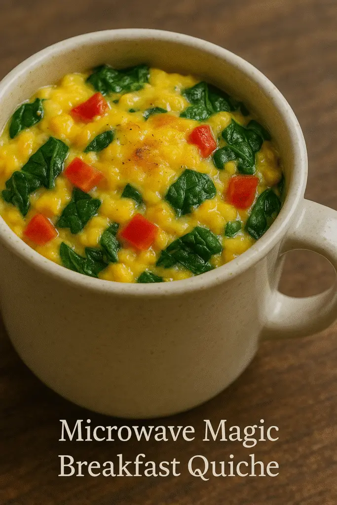 Microwave breakfast quiche in a mug with text overlay showing 2-minute cook time
