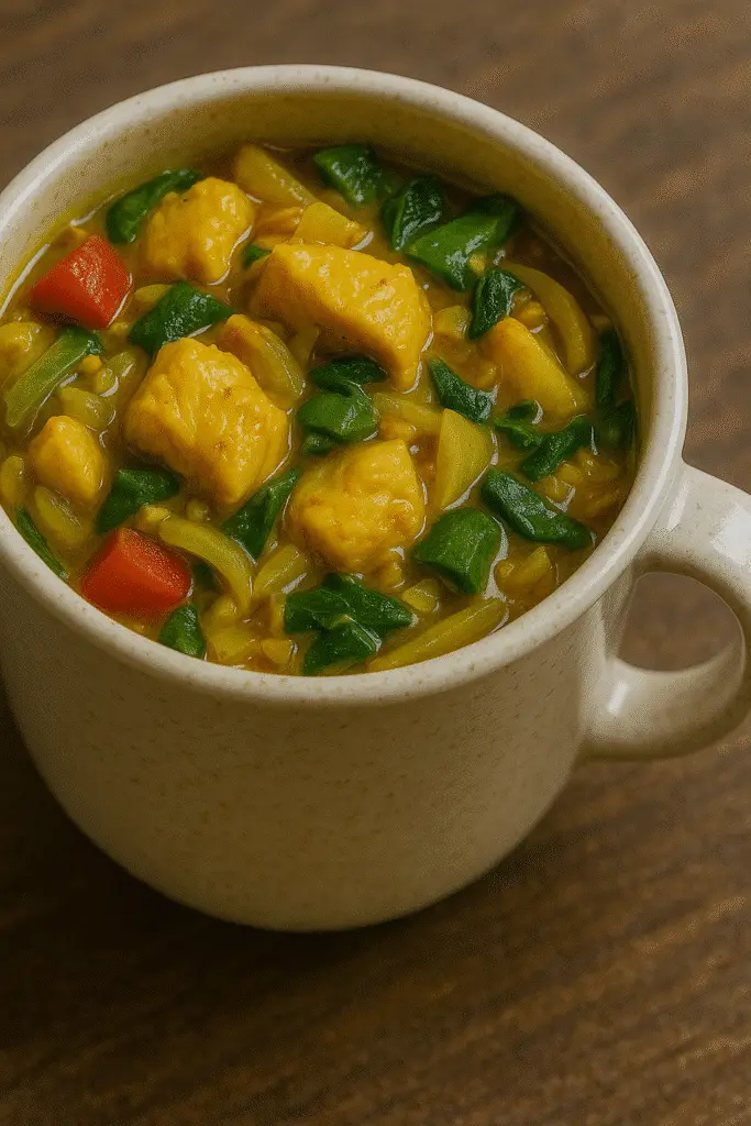 Microwave chicken curry recipe pin with magic cooking text overlay from BusyCookLife