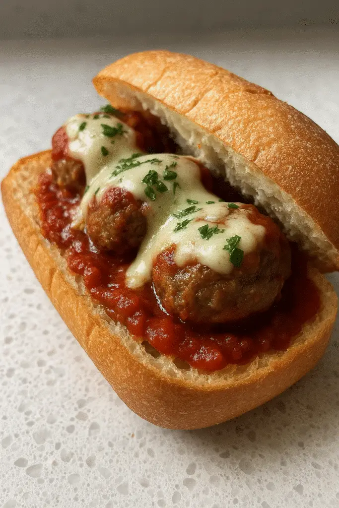 Microwave magic meatball sub in mug with overlay text showing 5-minute cooking time from BusyCookLife