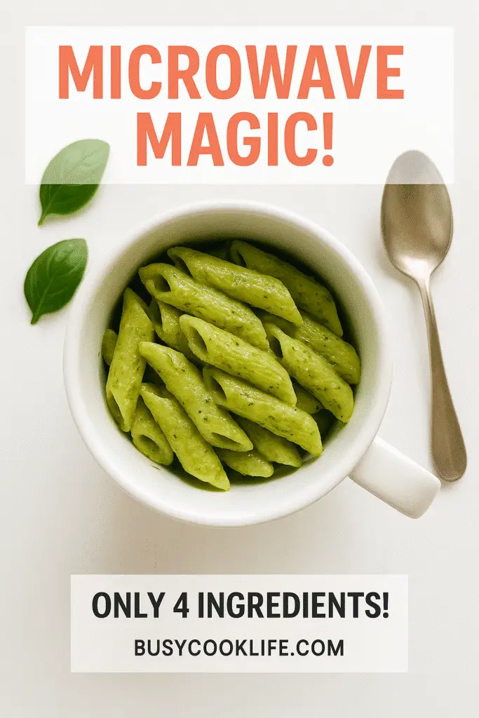 BusyCookLife branded pesto pasta mug recipe pin showing 5-minute preparation time with brand elements