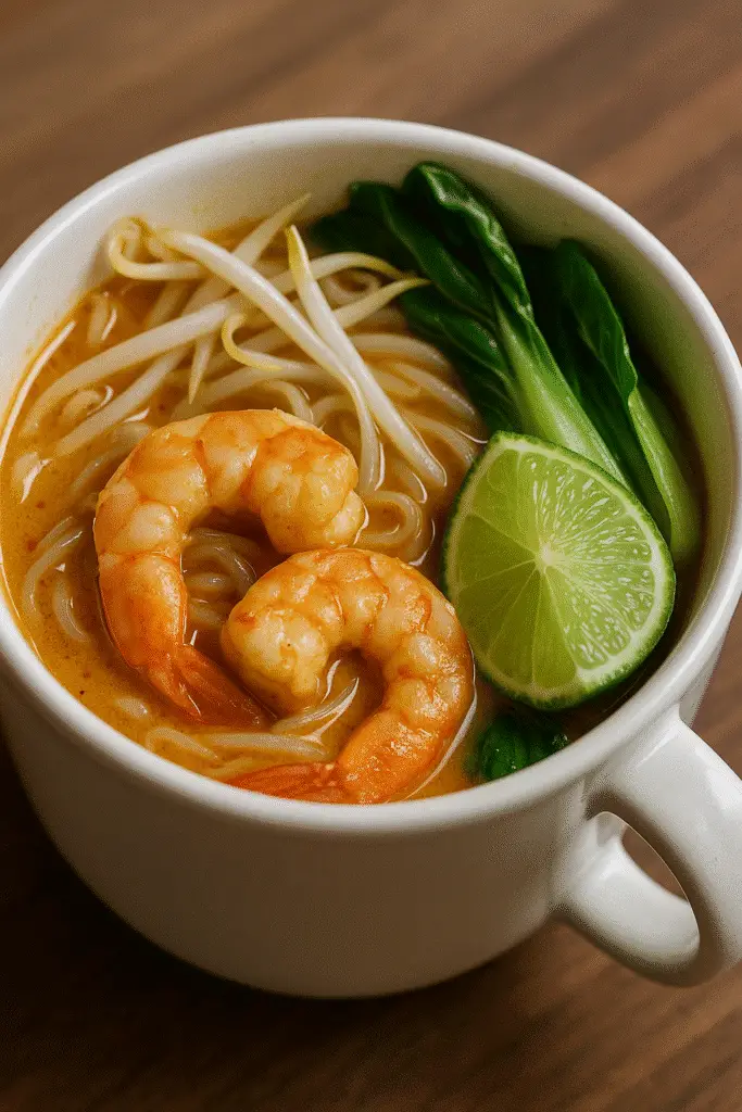 Microwave Prawn Laksa in a Mug recipe with text overlay showing 10-minute cooking time