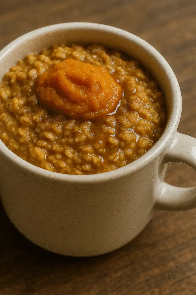 Vertical Pinterest pin showing pumpkin spice oatmeal mug recipe - BusyCookLife's 3-minute breakfast solution