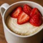 Creamy strawberry cheesecake in a mug topped with fresh strawberries and graham cracker crumbs