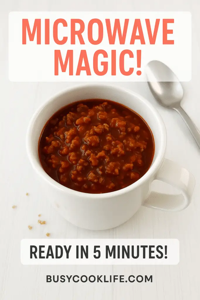 Microwave Magic Sloppy Joe in a Mug Pinterest pin with overlay text showing 5-minute cooking time