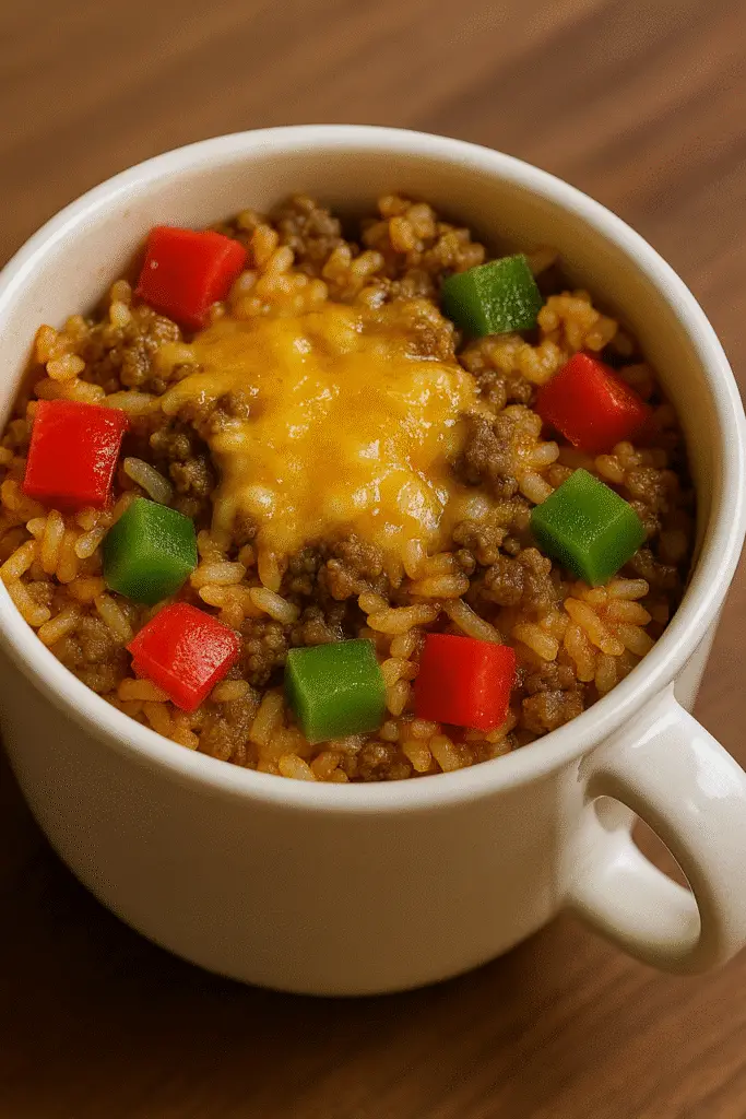 Microwave magic stuffed pepper rice mug recipe with ingredients list overlay for easy cooking