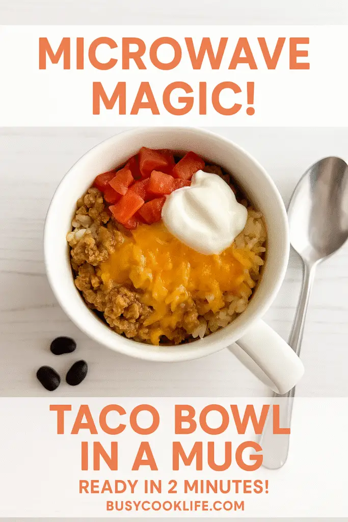 Microwave Magic Pinterest pin for Taco Bowl in a Mug - 2 minute recipe from BusyCookLife