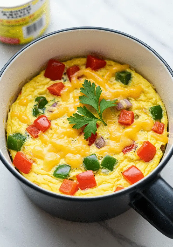 Microwave magic veggie omelet in white ceramic mug with steam rising - 2-minute healthy breakfast from BusyCookLife