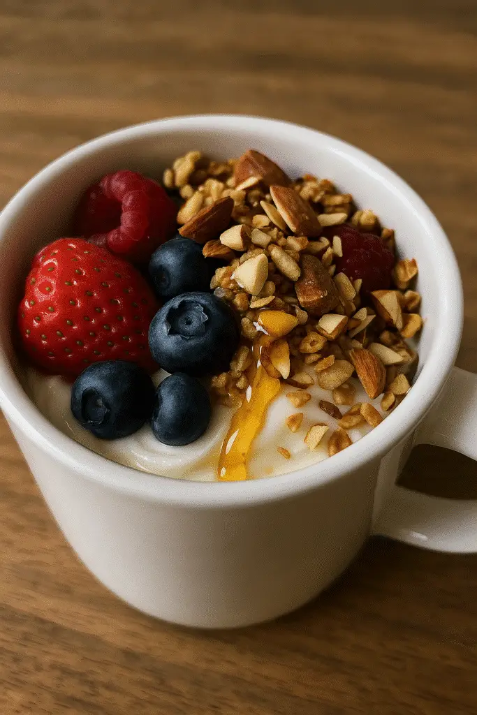 Greek yogurt parfait mug with microwave magic text overlay - quick BusyCookLife recipe