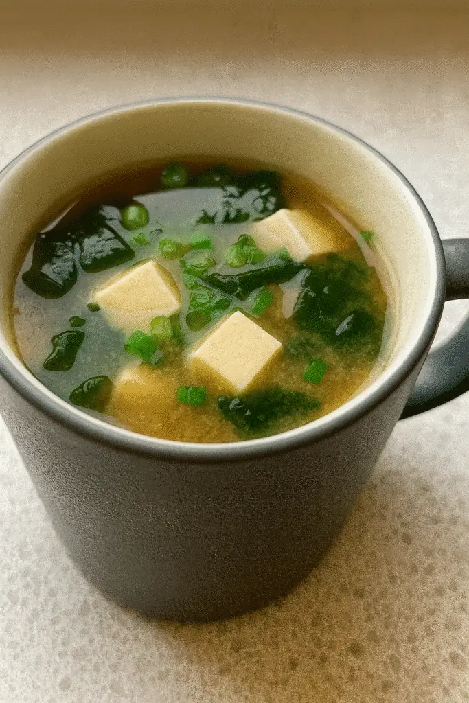 Microwave-friendly miso soup mug with overlay text for Pinterest sharing