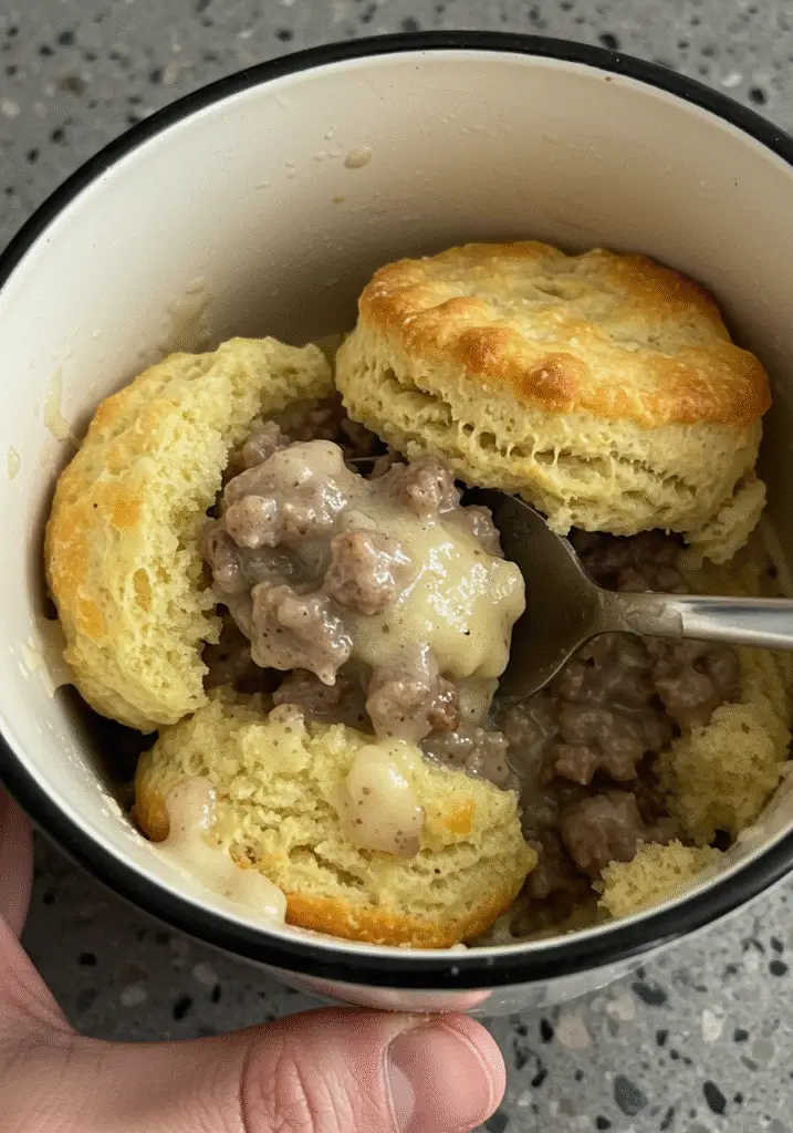 Microwave magic sausage gravy biscuit mug recipe with text overlay from BusyCookLife