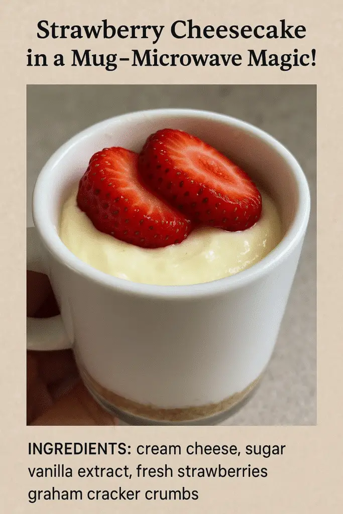 Quick microwave strawberry cheesecake in a mug with text overlay showing 2-minute cook time