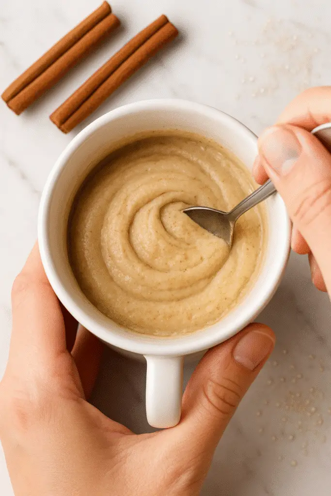 Mixing churro mug cake batter with spoon in white ceramic mug