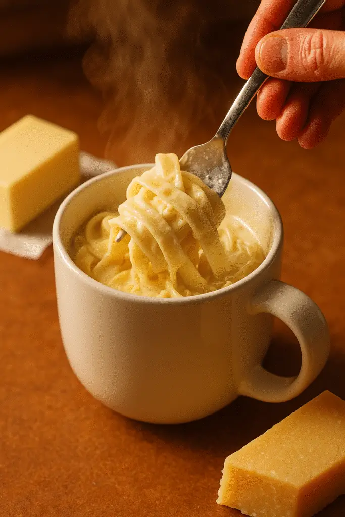 Mixing fettuccine alfredo in a mug with spoon showing creamy cheese sauce