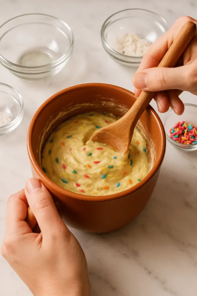 Mixing funfetti cake mix mug muffin batter with wooden spoon