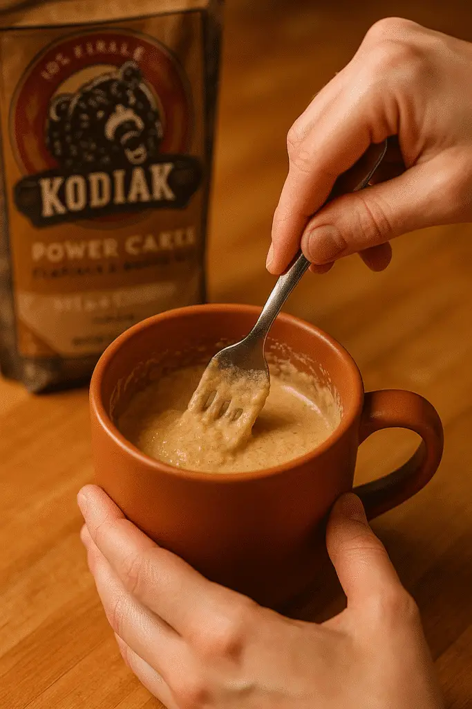 Mixing protein pancake batter in mug with fork for Power-Up recipe