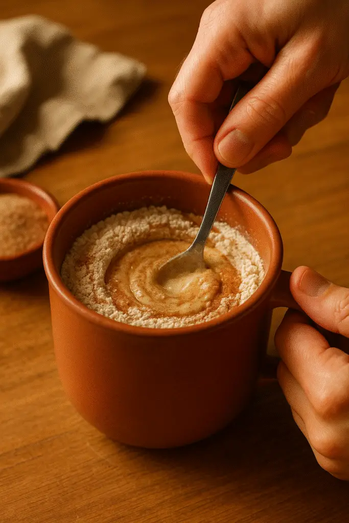 Mixing tres leches mug cake batter with cinnamon sugar in ceramic mug