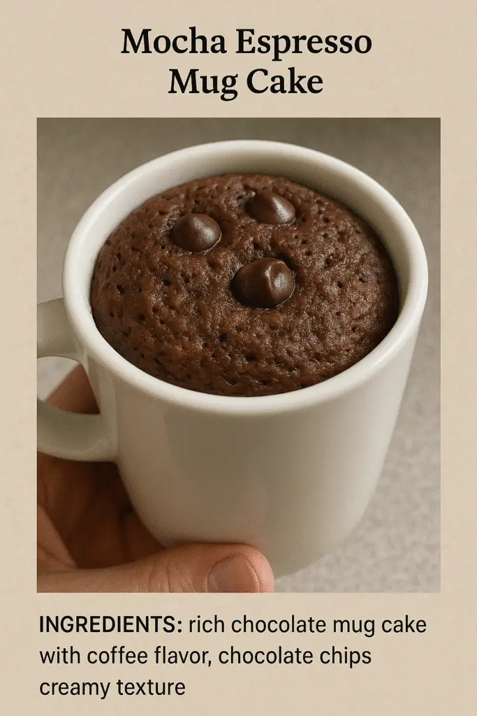 3-minute Mocha Espresso Mug Cake recipe overlay - microwave magic dessert