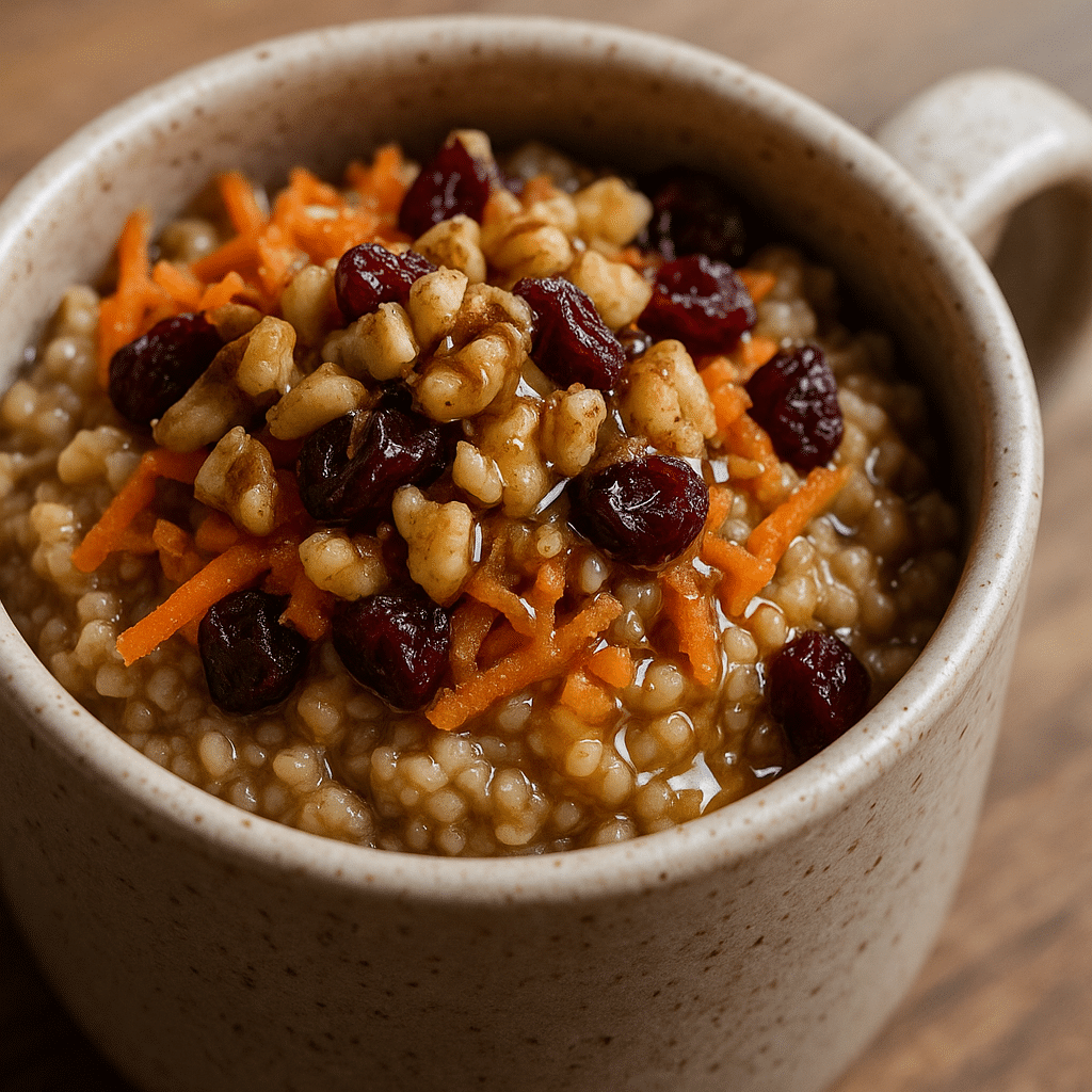 Morning Glory Oatmeal Mug recipe with steel-cut oats, carrots, and walnuts - trusted BusyCookLife breakfast