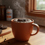 Oreo mug cake with gooey center in terracotta ceramic mug on wooden surface
