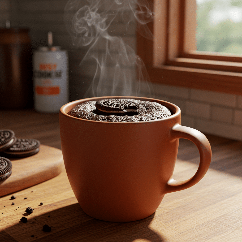Oreo mug cake with gooey center in terracotta ceramic mug on wooden surface