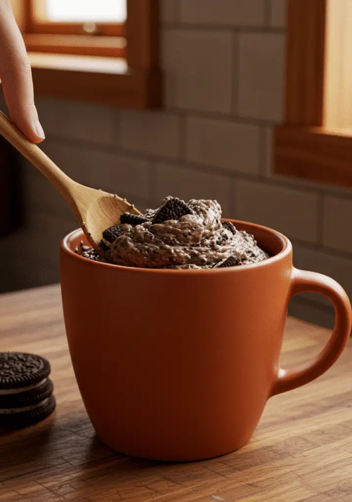 Mixing Oreo mug cake batter in terracotta ceramic mug showing proper consistency